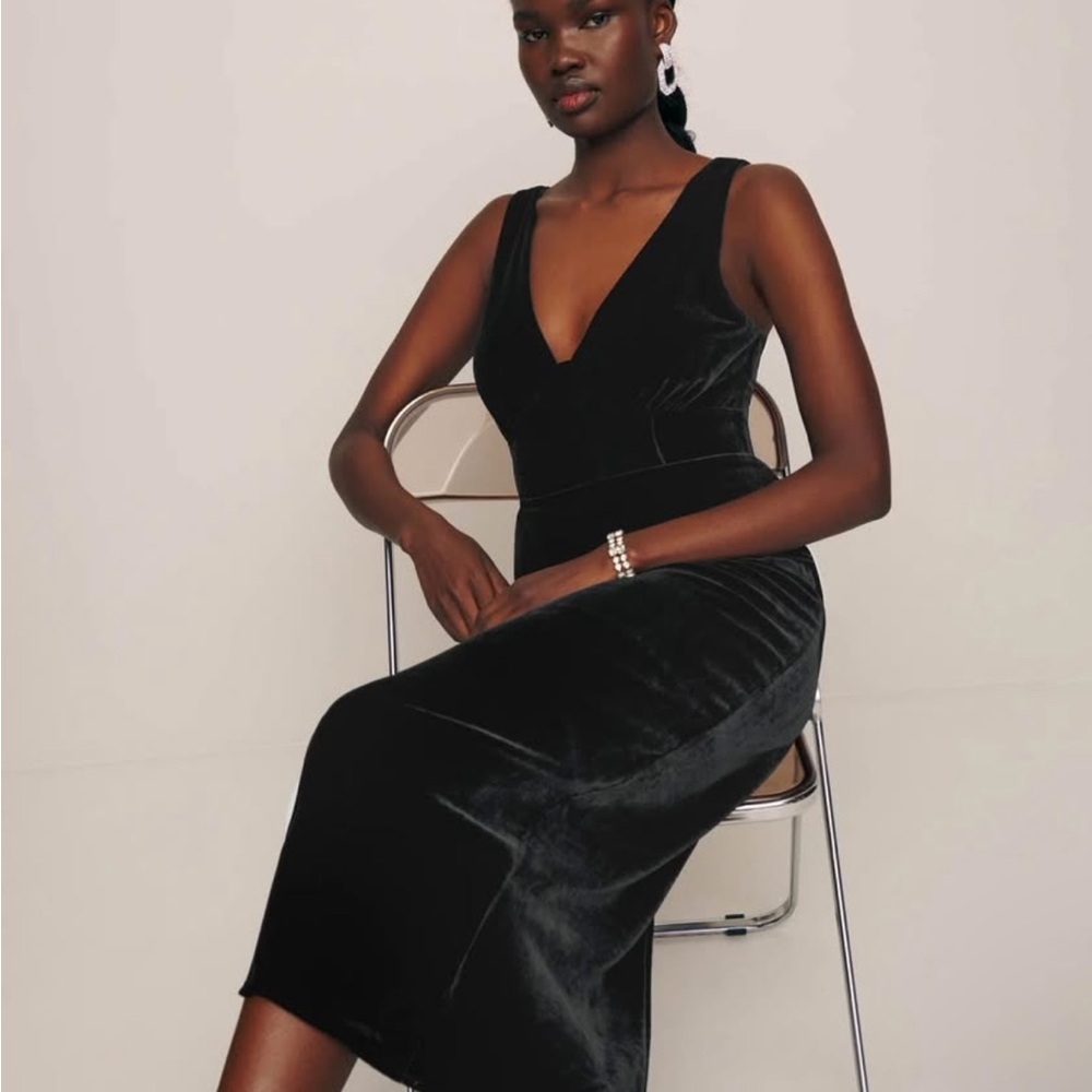 Reformation Black Sheath Midi Dress V-Neck Sleeveless